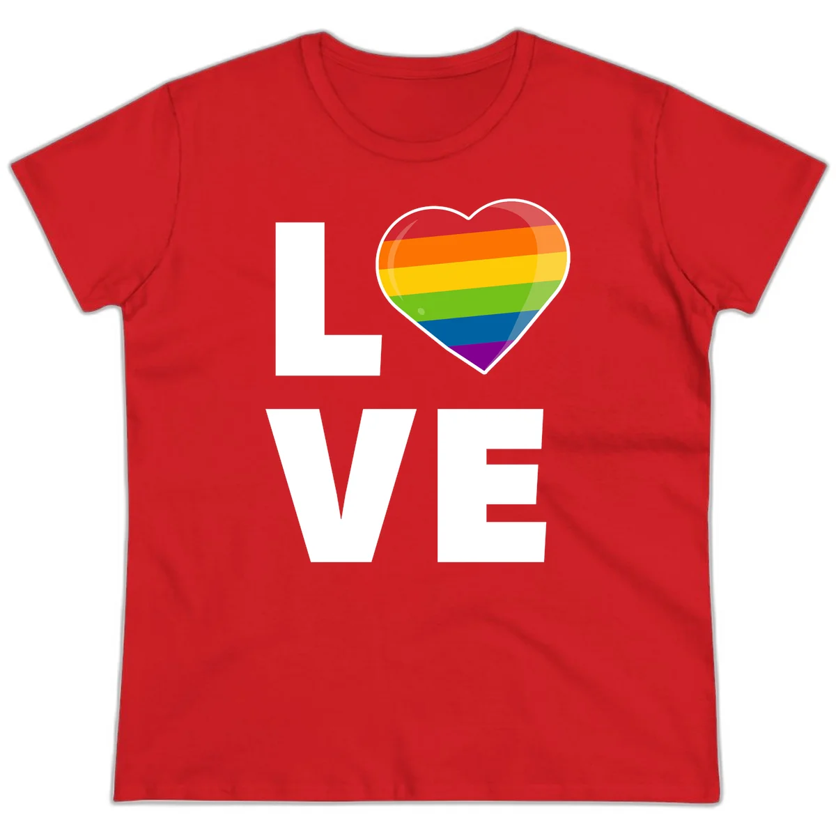 Love is love pride design featuring large white LOVE text with a rainbow-striped heart symbol in Red