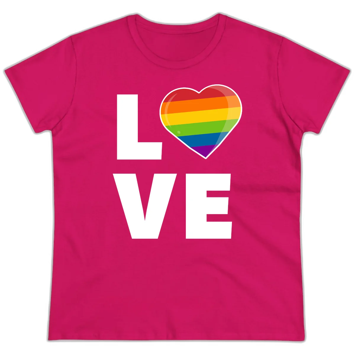 Love is love pride design featuring large white LOVE text with a rainbow-striped heart symbol in Heliconia