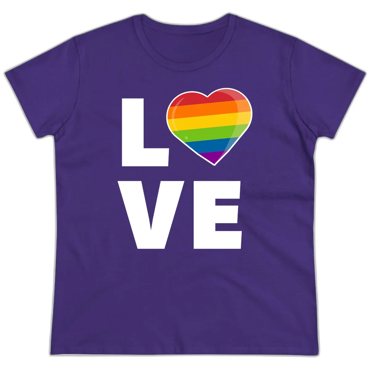 Love is love pride design featuring large white LOVE text with a rainbow-striped heart symbol in Purple