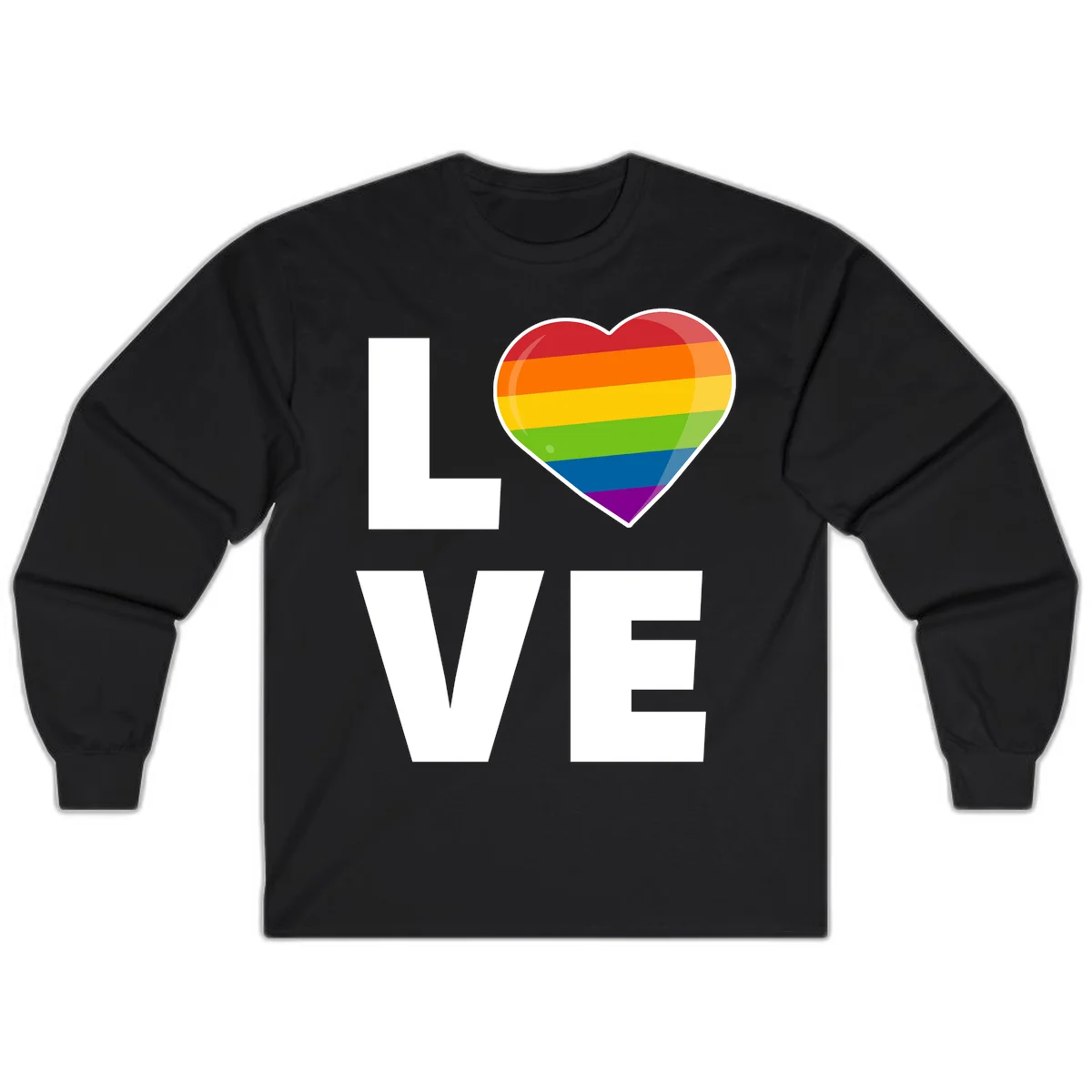 Love is love pride design featuring large white LOVE text with a rainbow-striped heart symbol in Black