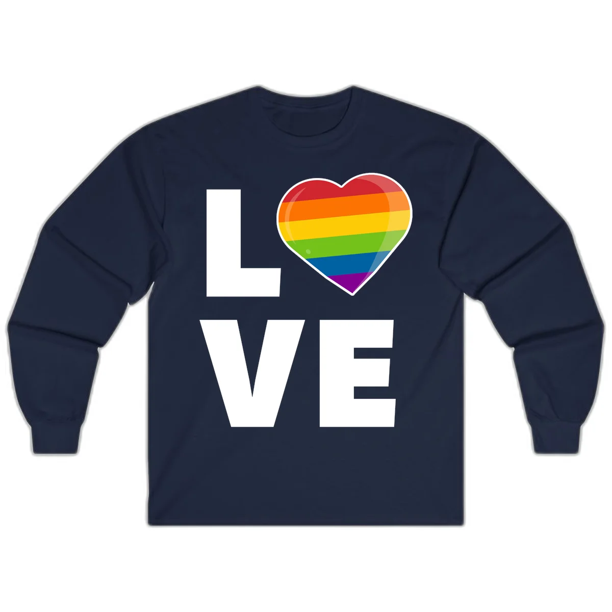 Love is love pride design featuring large white LOVE text with a rainbow-striped heart symbol in Navy
