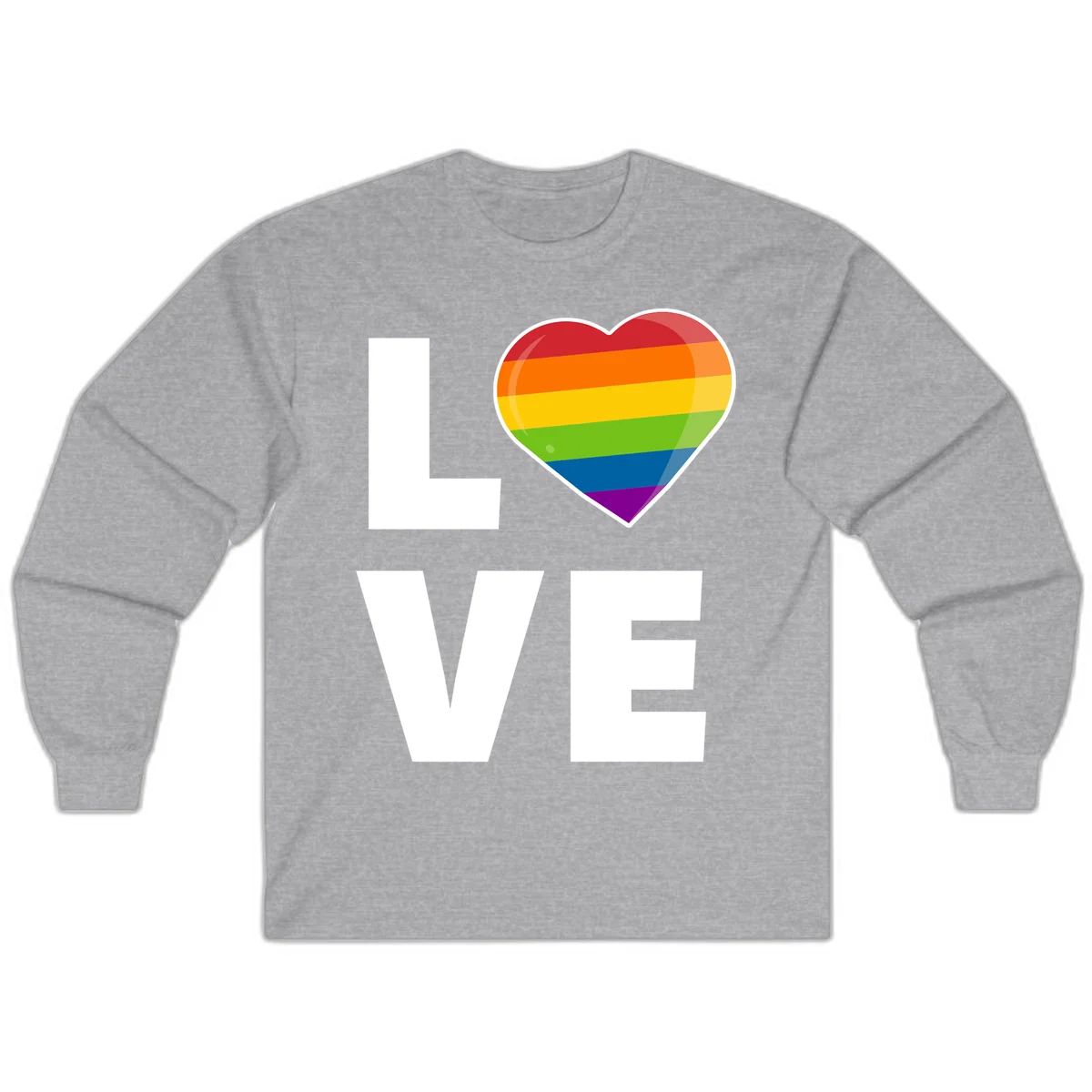 Love is love pride design featuring large white LOVE text with a rainbow-striped heart symbol in Sport Grey