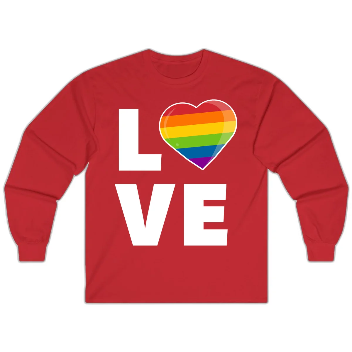 Love is love pride design featuring large white LOVE text with a rainbow-striped heart symbol in Red