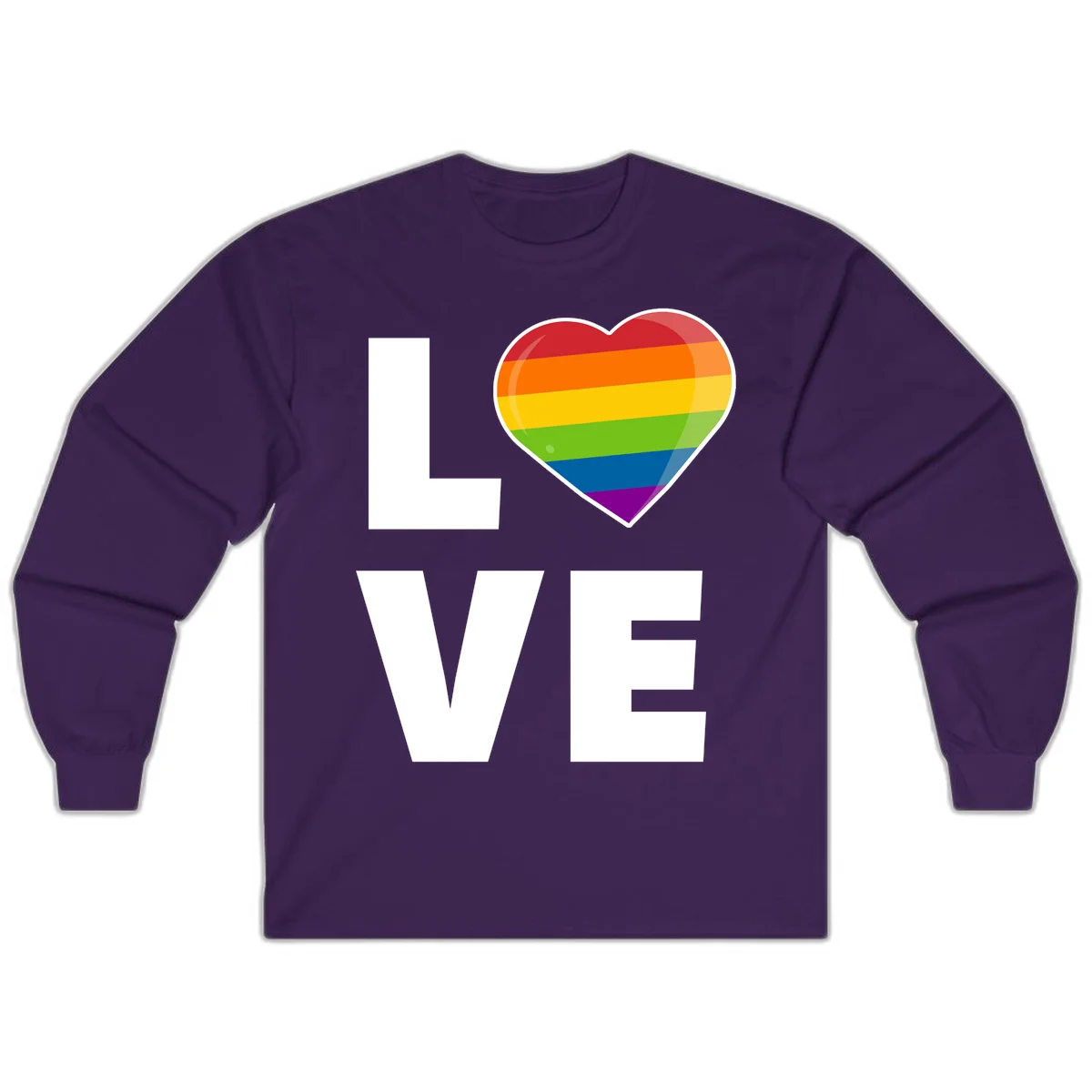 Love is love pride design featuring large white LOVE text with a rainbow-striped heart symbol in Purple