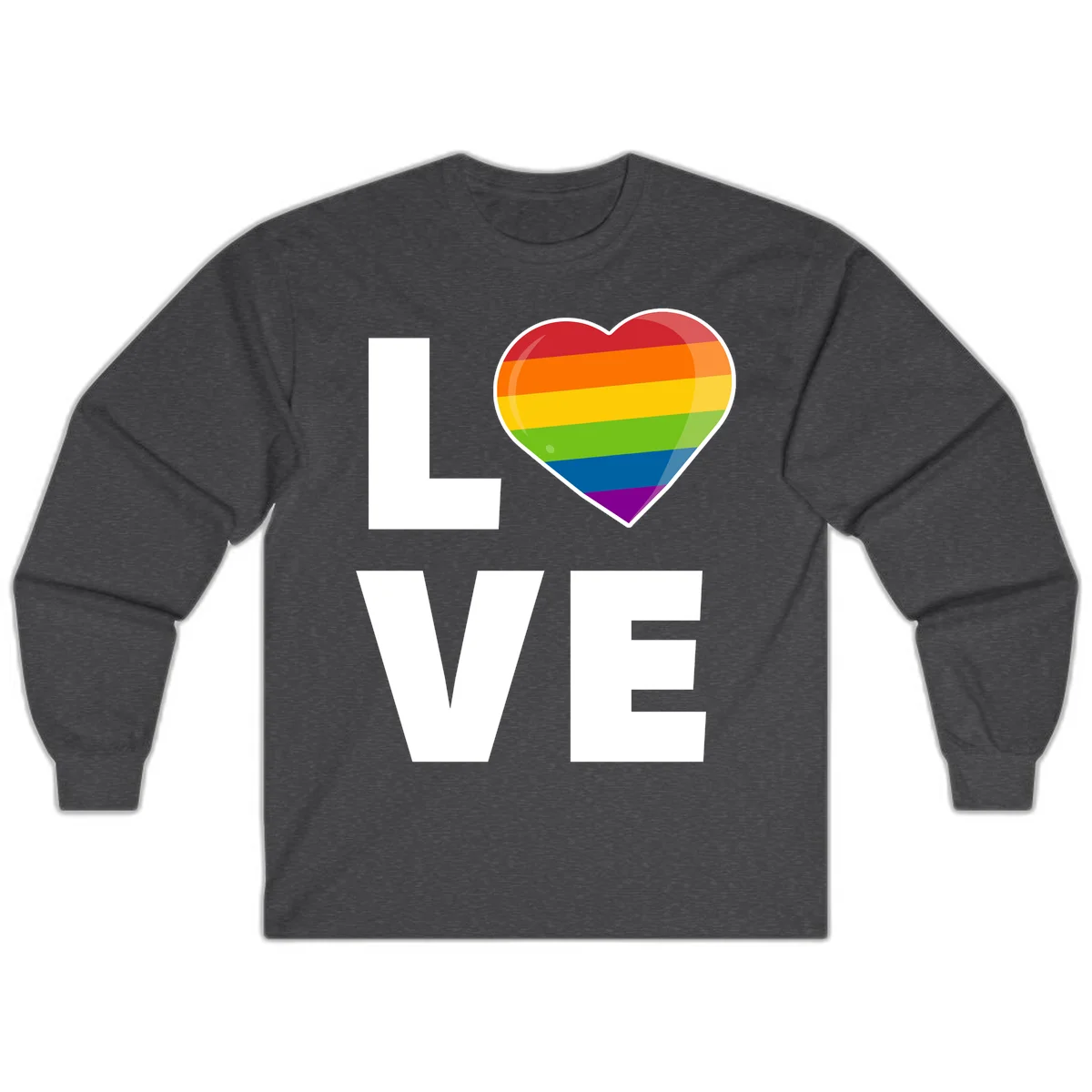 Love is love pride design featuring large white LOVE text with a rainbow-striped heart symbol in Dark Heather