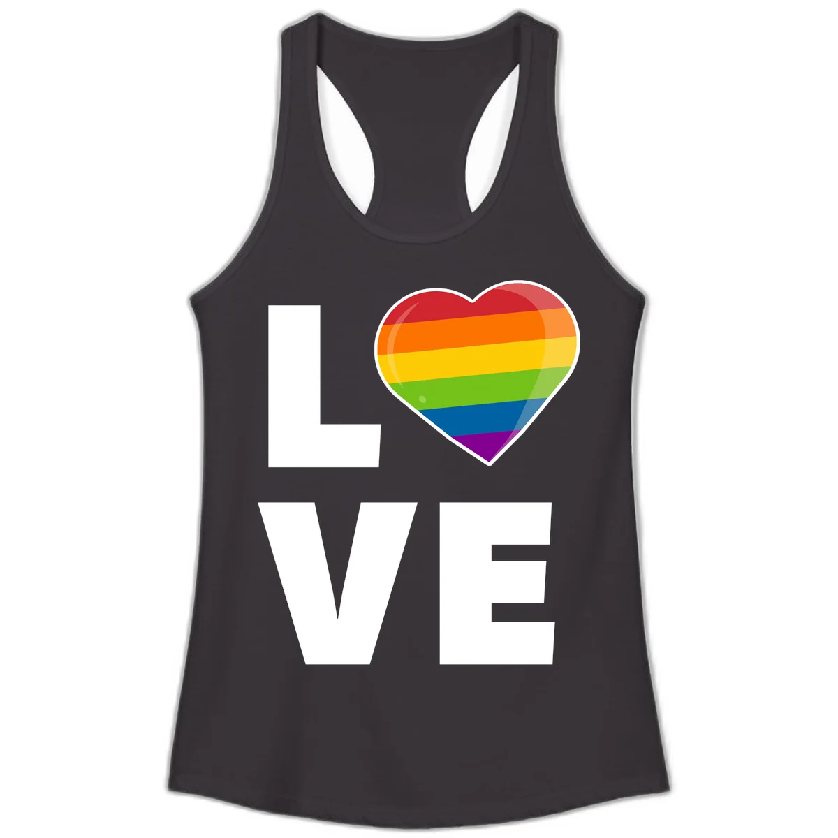 Love is love pride design featuring large white LOVE text with a rainbow-striped heart symbol in Black
