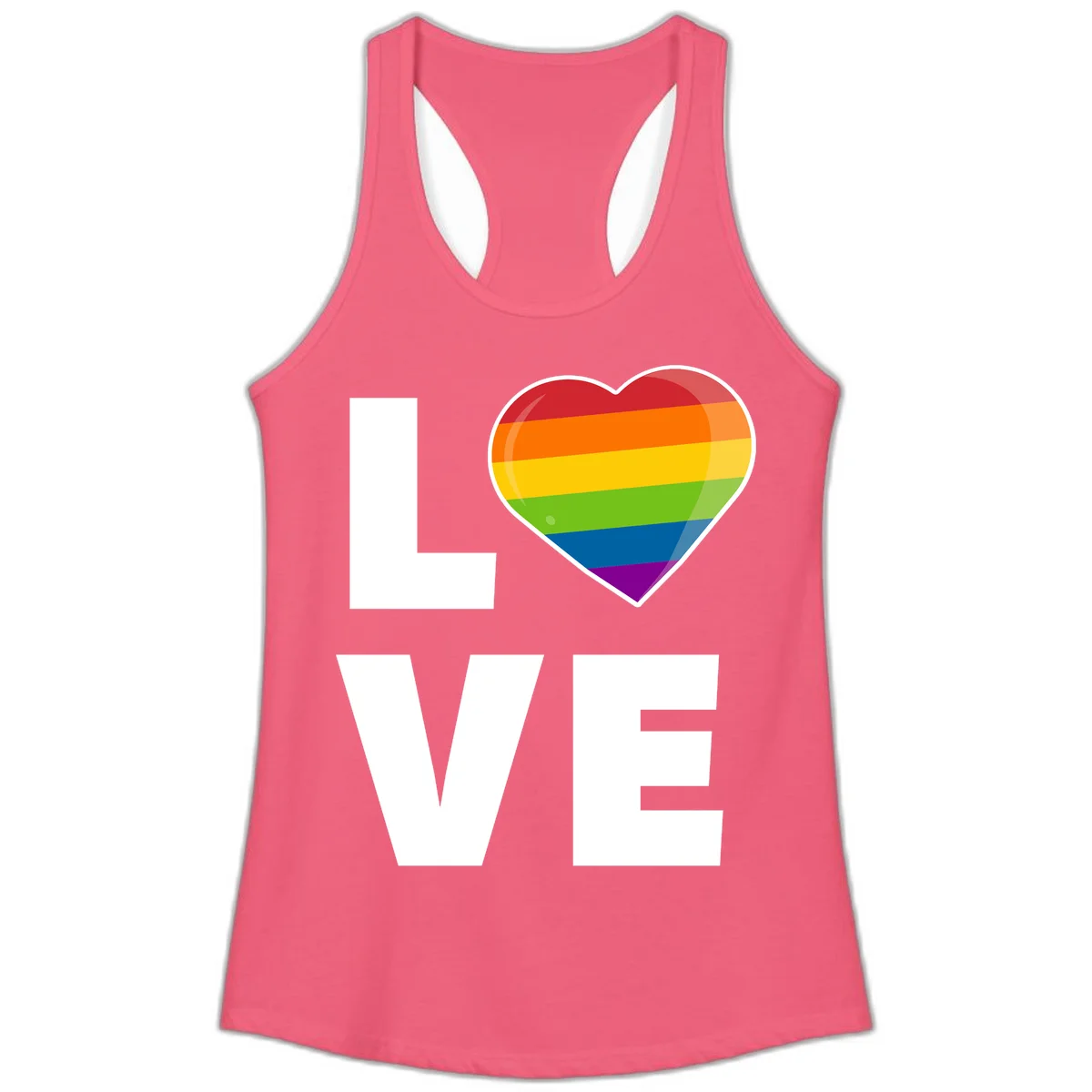 Love is love pride design featuring large white LOVE text with a rainbow-striped heart symbol in Hot Pink