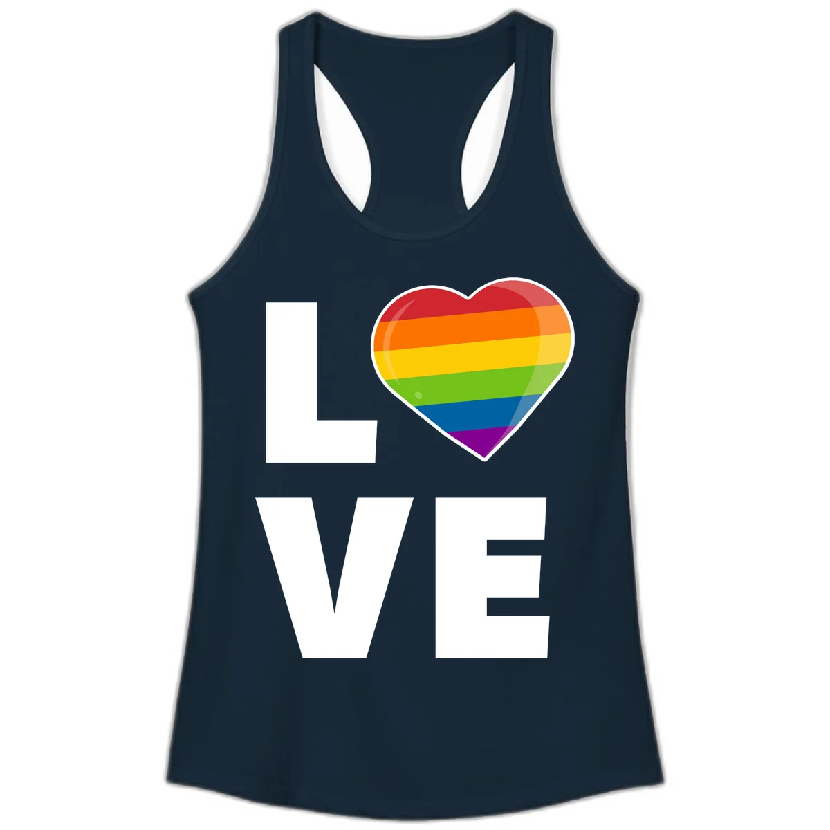 Love is love pride design featuring large white LOVE text with a rainbow-striped heart symbol in Solid Midnight Navy