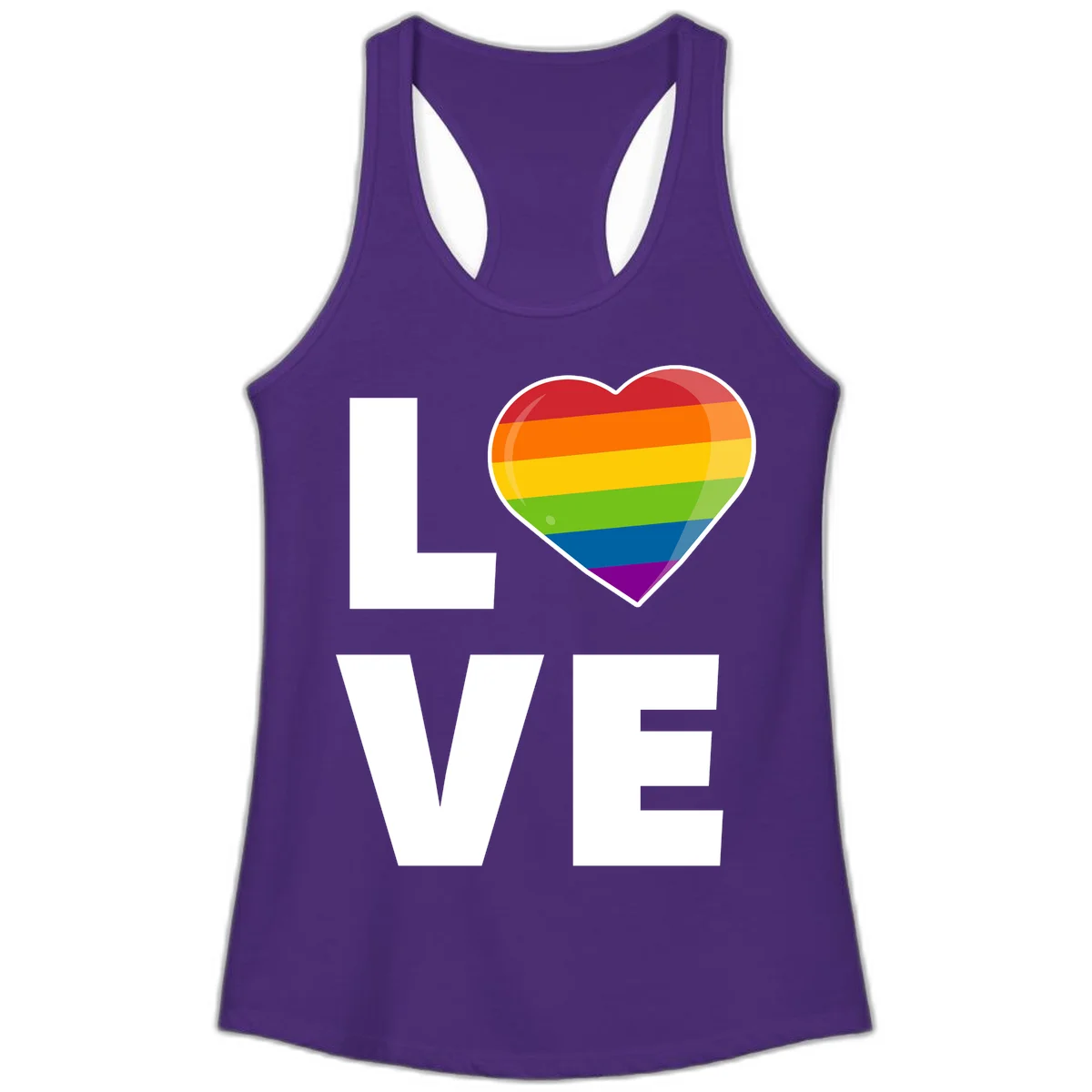 Love is love pride design featuring large white LOVE text with a rainbow-striped heart symbol in Solid Purple Rush