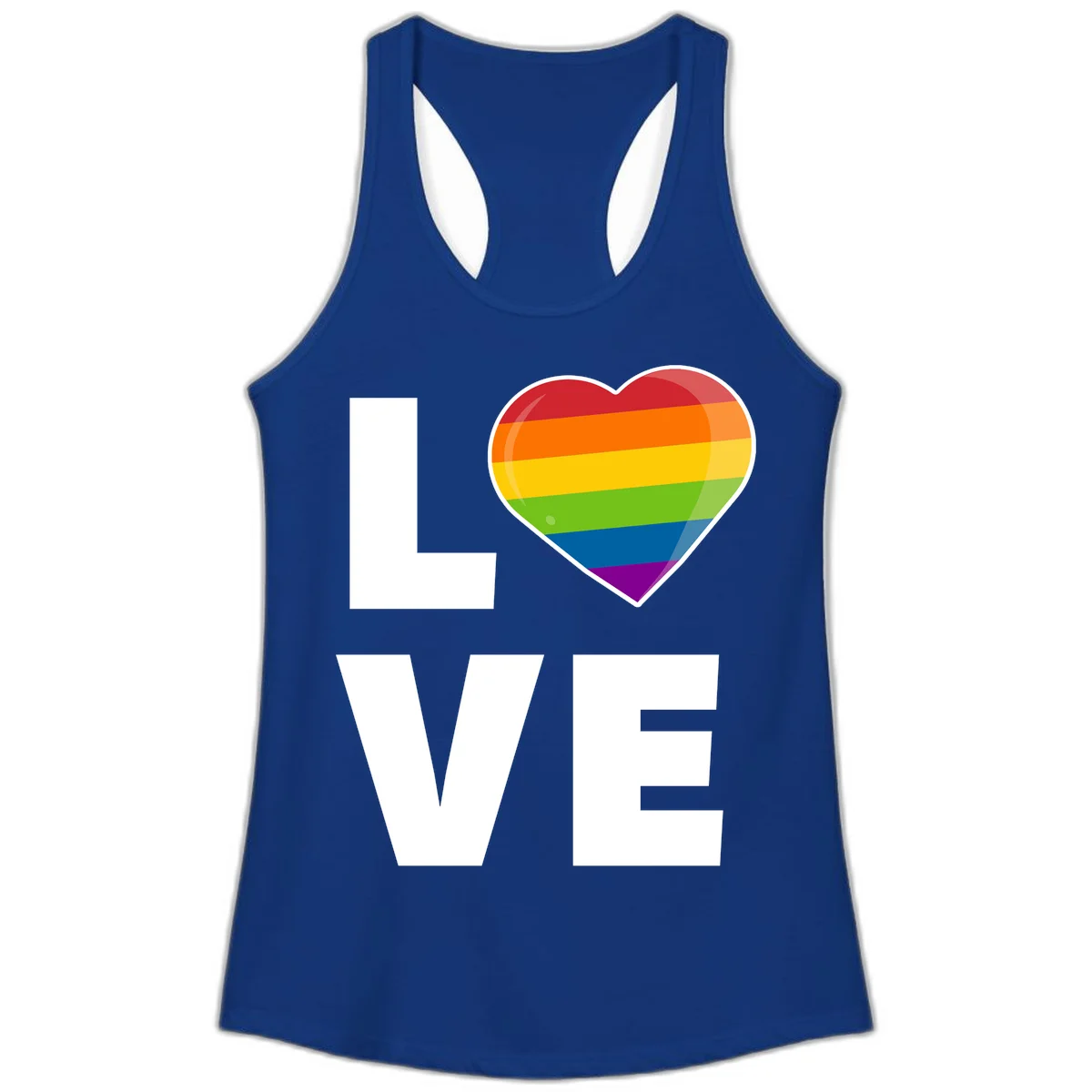 Love is love pride design featuring large white LOVE text with a rainbow-striped heart symbol in Solid Royal