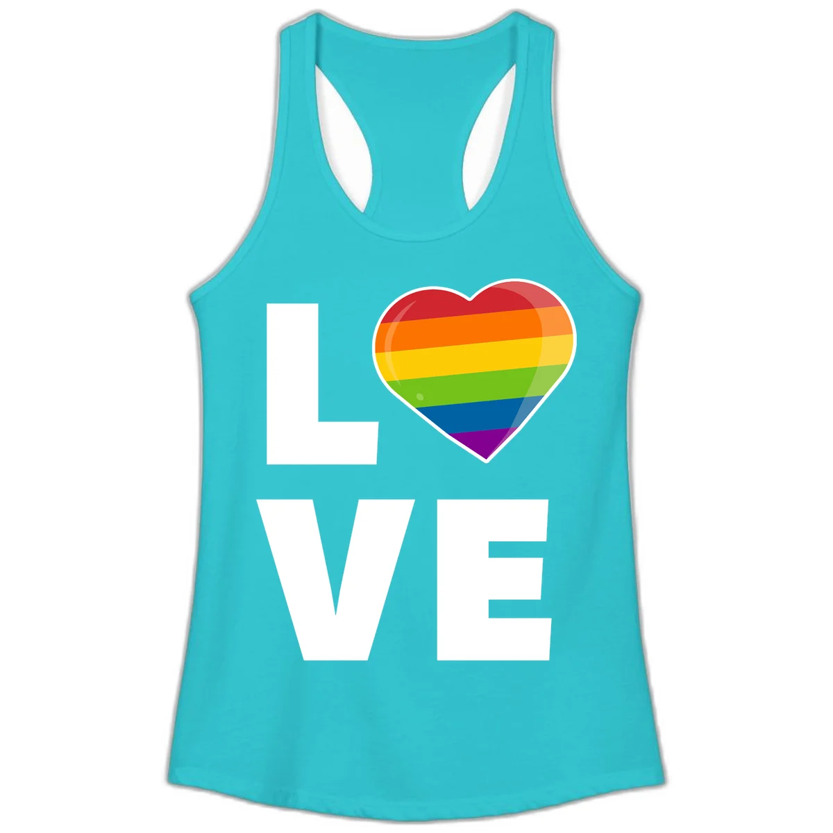Love is love pride design featuring large white LOVE text with a rainbow-striped heart symbol in Solid Tahiti Blue