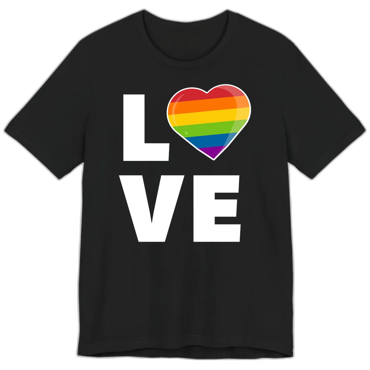 Love is love pride design featuring large white LOVE text with a rainbow-striped heart symbol in Black