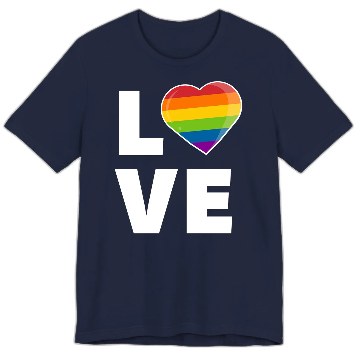 Love is love pride design featuring large white LOVE text with a rainbow-striped heart symbol in Navy