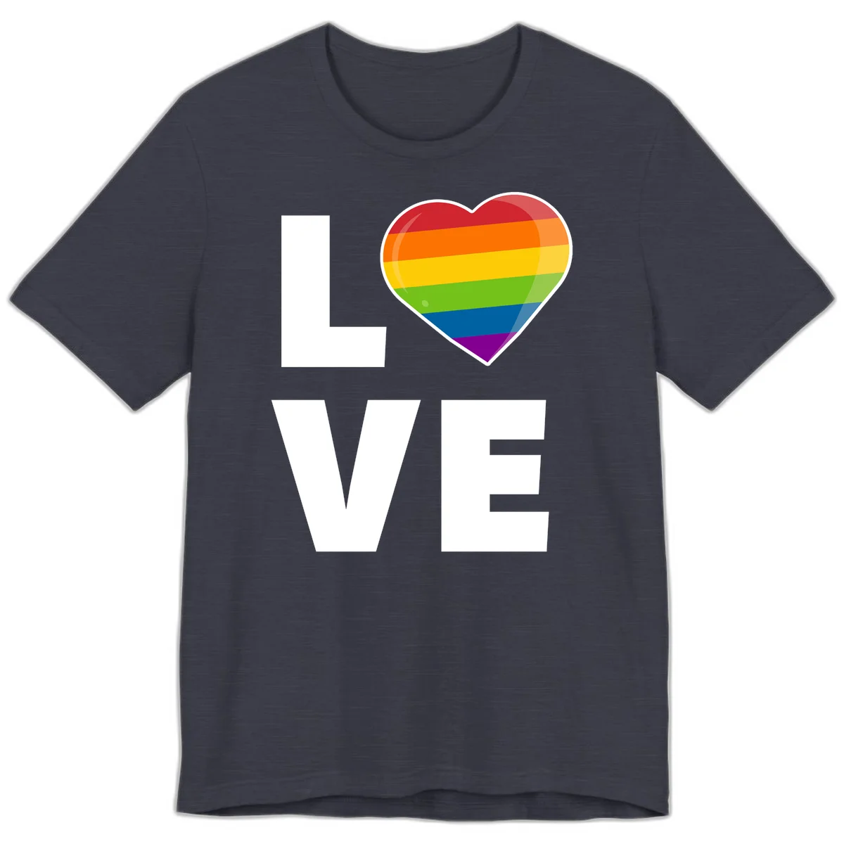 Love is love pride design featuring large white LOVE text with a rainbow-striped heart symbol in Heather Midnight Navy