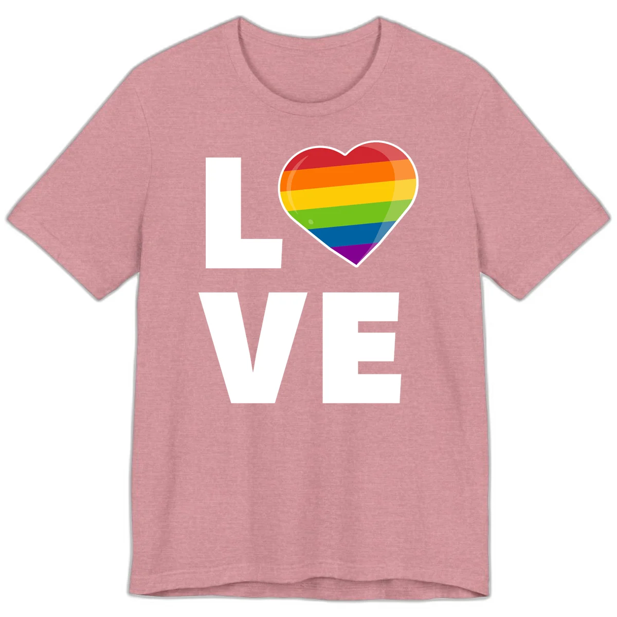 Love is love pride design featuring large white LOVE text with a rainbow-striped heart symbol in Heather Orchid