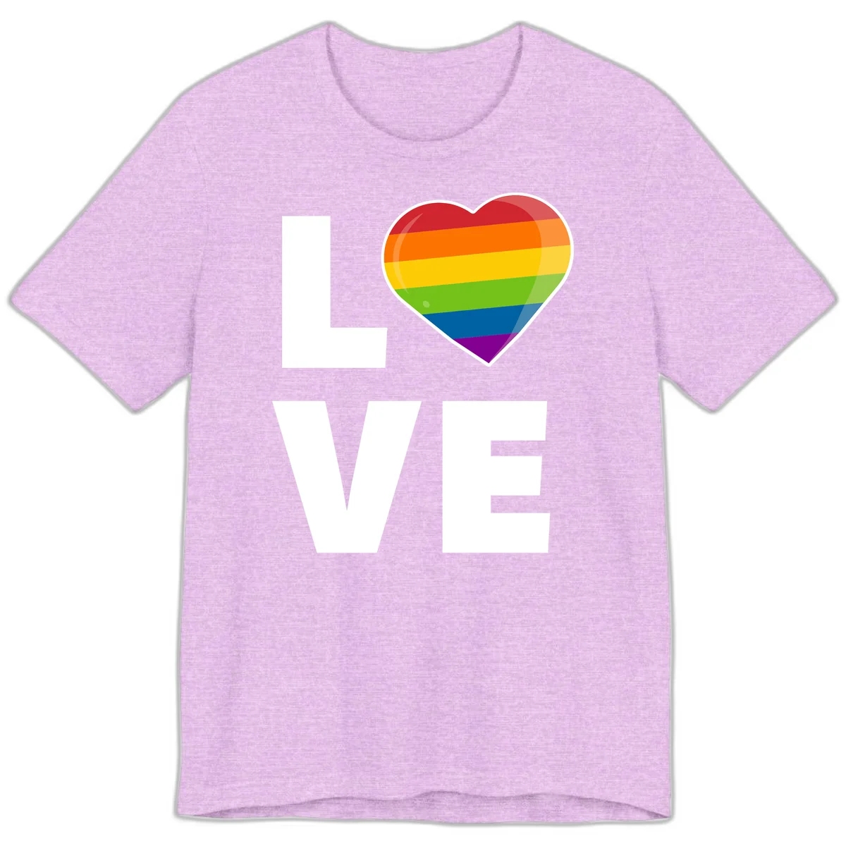 Love is love pride design featuring large white LOVE text with a rainbow-striped heart symbol in Heather Prism Lilac