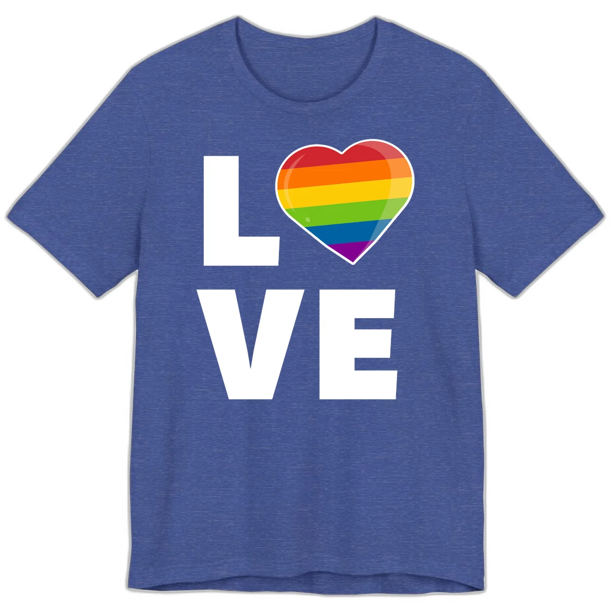 Love is love pride design featuring large white LOVE text with a rainbow-striped heart symbol in Heather True Royal