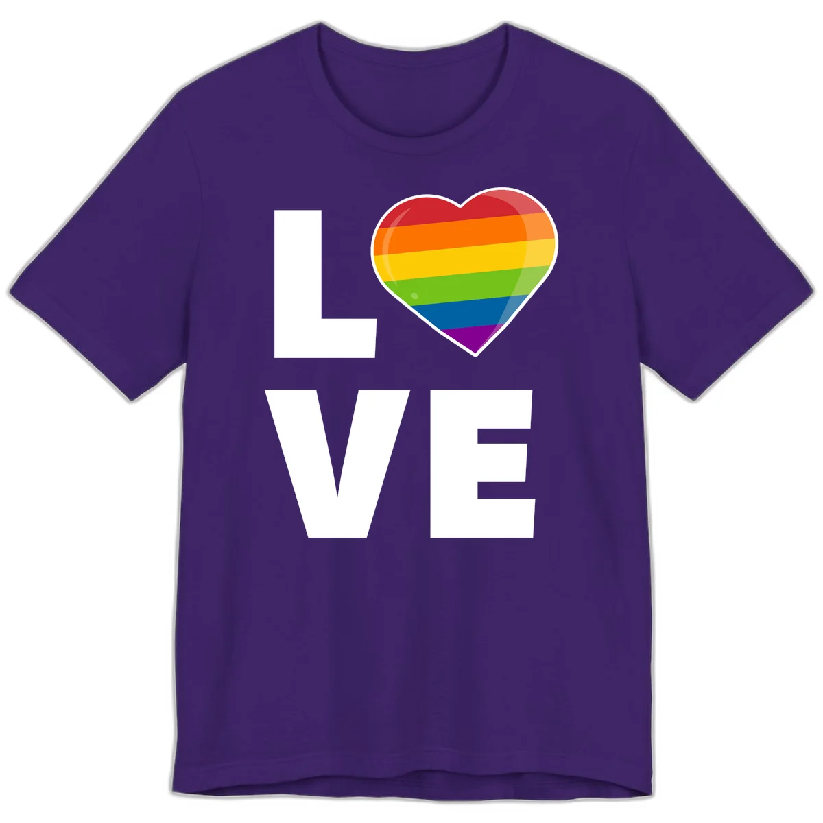 Love is love pride design featuring large white LOVE text with a rainbow-striped heart symbol in Team Purple