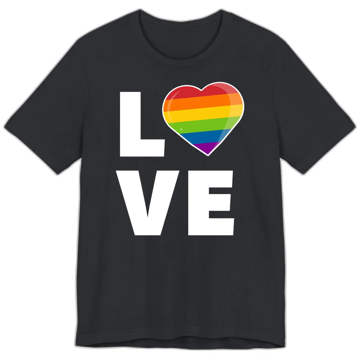 Love is love pride design featuring large white LOVE text with a rainbow-striped heart symbol in Vintage Black