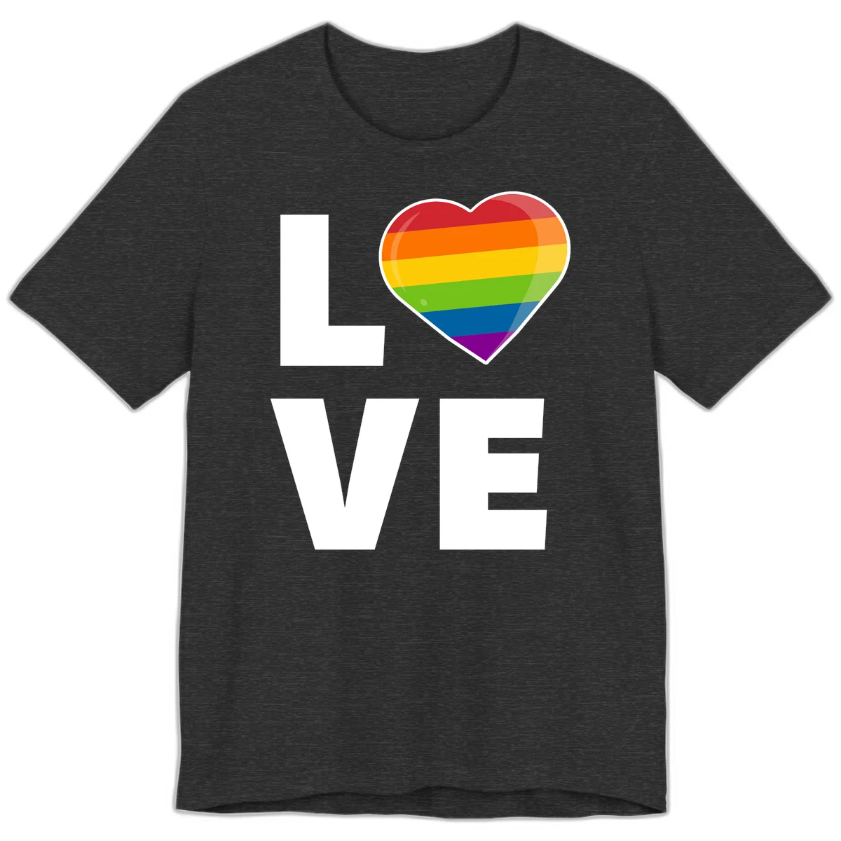 Love is love pride design featuring large white LOVE text with a rainbow-striped heart symbol in Dark Grey Heather