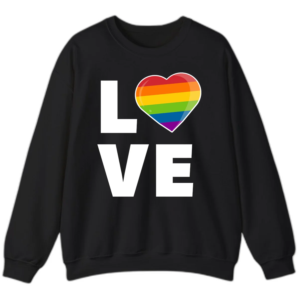 Love is love pride design featuring large white LOVE text with a rainbow-striped heart symbol in Black