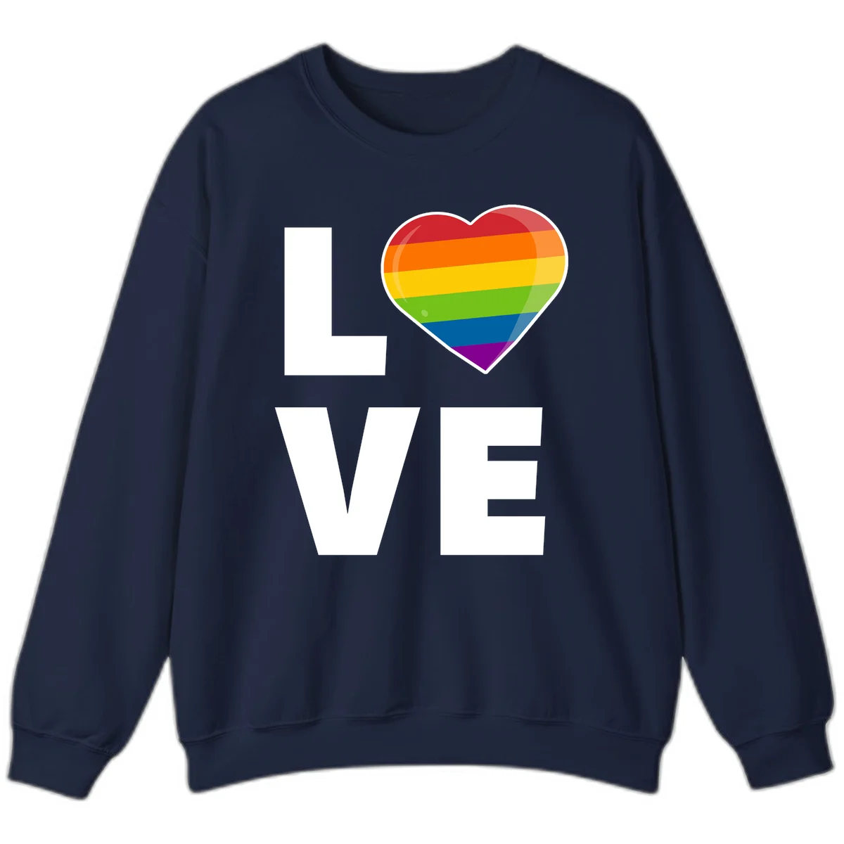Love is love pride design featuring large white LOVE text with a rainbow-striped heart symbol in Navy