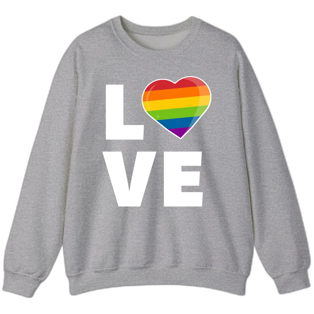 Love is love pride design featuring large white LOVE text with a rainbow-striped heart symbol in Sport Grey