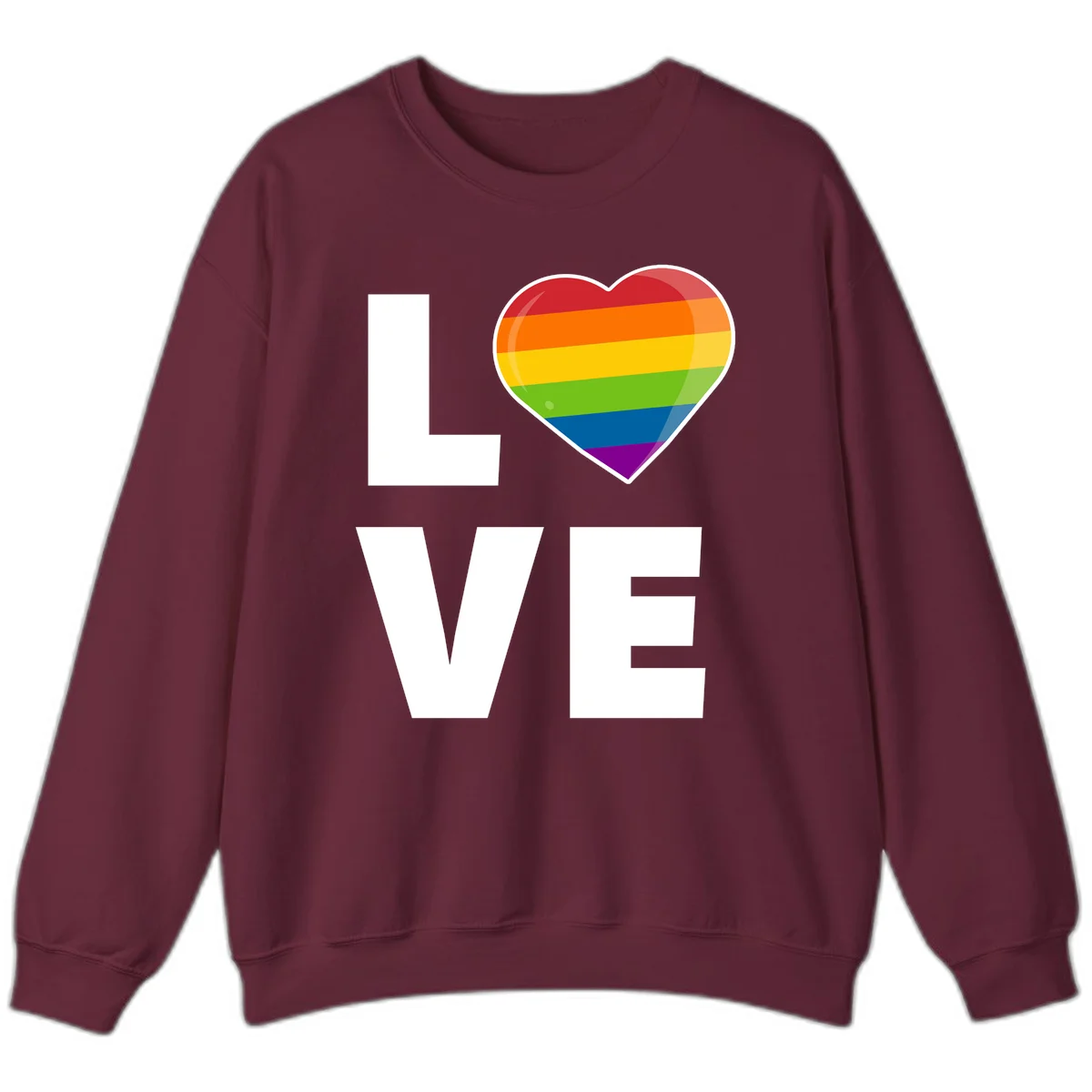 Love is love pride design featuring large white LOVE text with a rainbow-striped heart symbol in Maroon