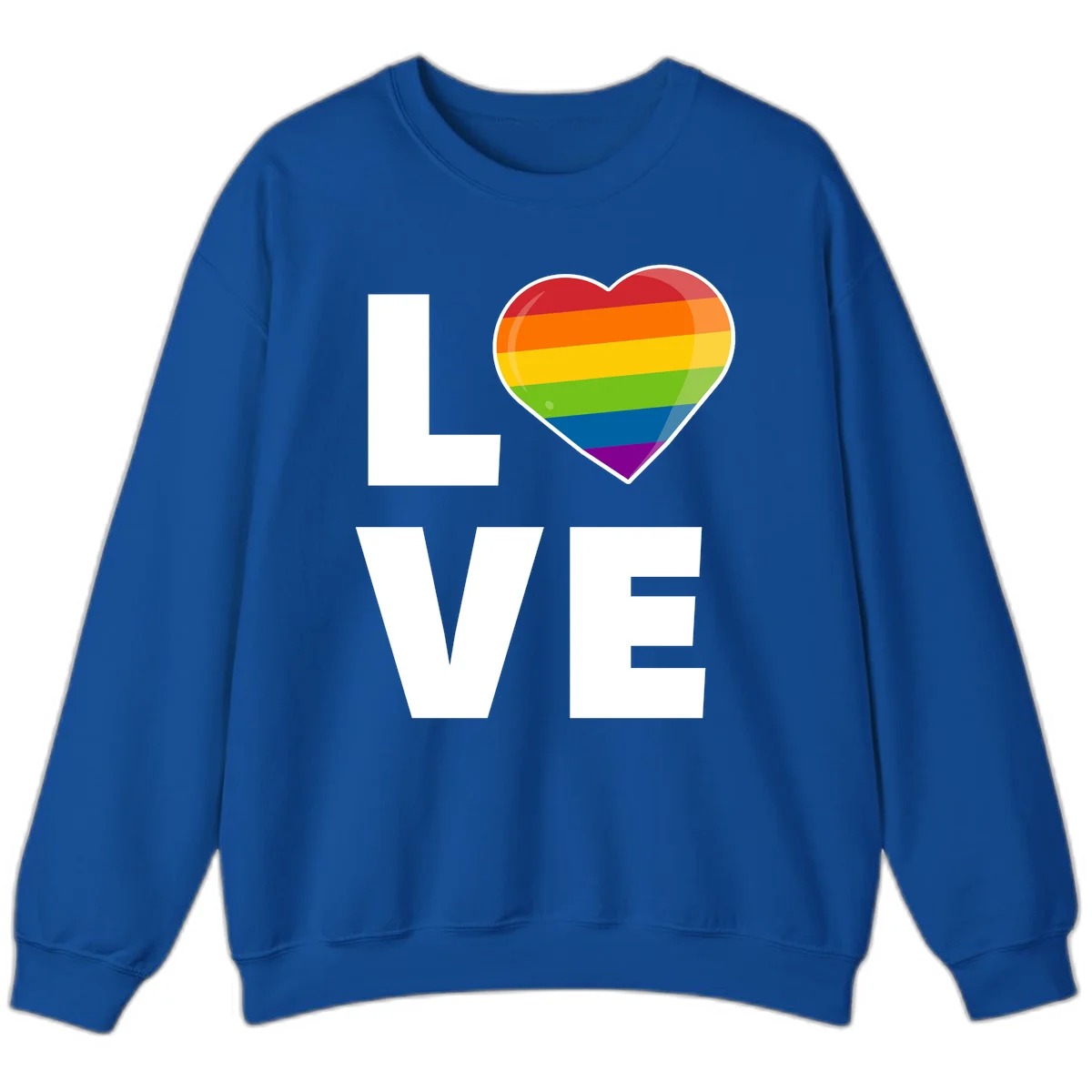 Love is love pride design featuring large white LOVE text with a rainbow-striped heart symbol in Royal