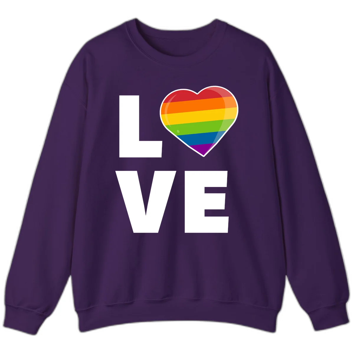 Love is love pride design featuring large white LOVE text with a rainbow-striped heart symbol in Purple