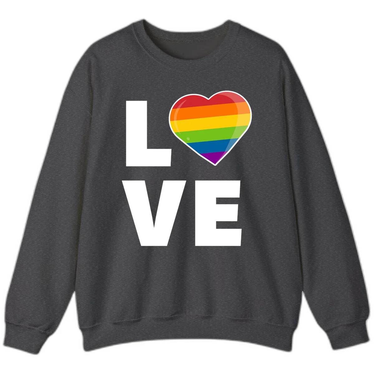 Love is love pride design featuring large white LOVE text with a rainbow-striped heart symbol in Dark Heather