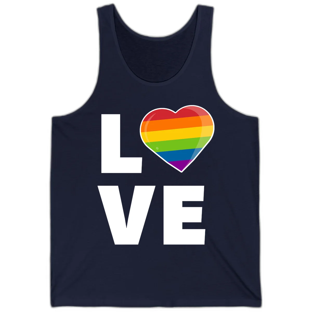 Love is love pride design featuring large white LOVE text with a rainbow-striped heart symbol in Navy