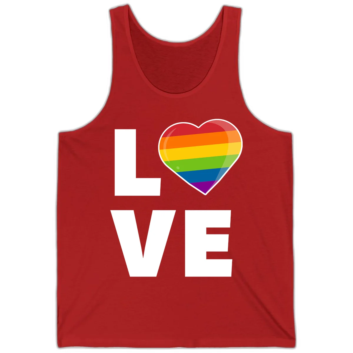 Love is love pride design featuring large white LOVE text with a rainbow-striped heart symbol in Red