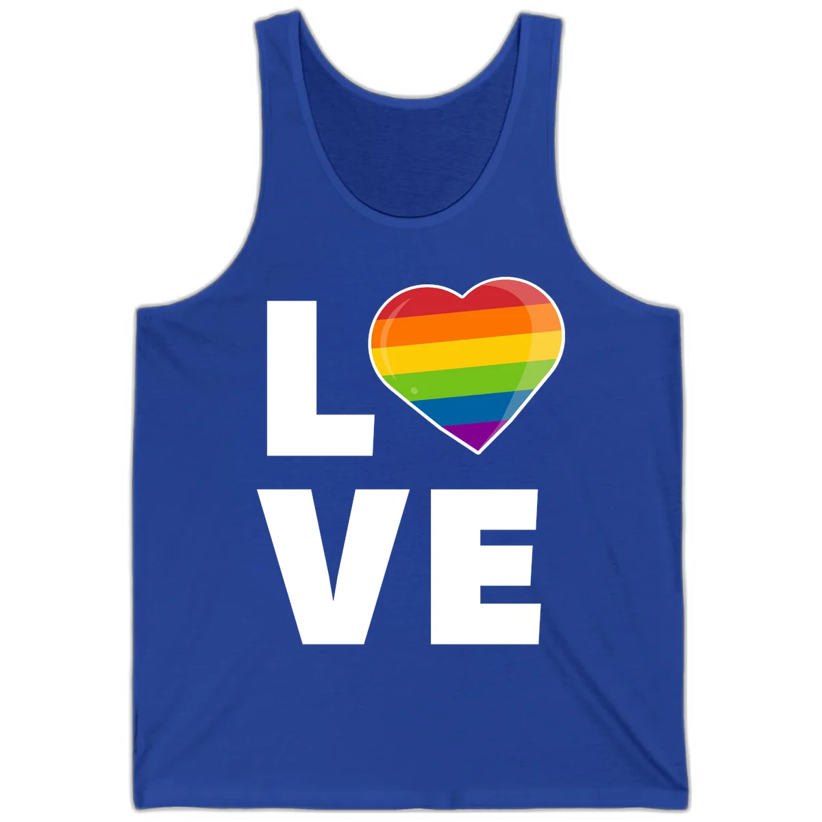 Love is love pride design featuring large white LOVE text with a rainbow-striped heart symbol in True Royal