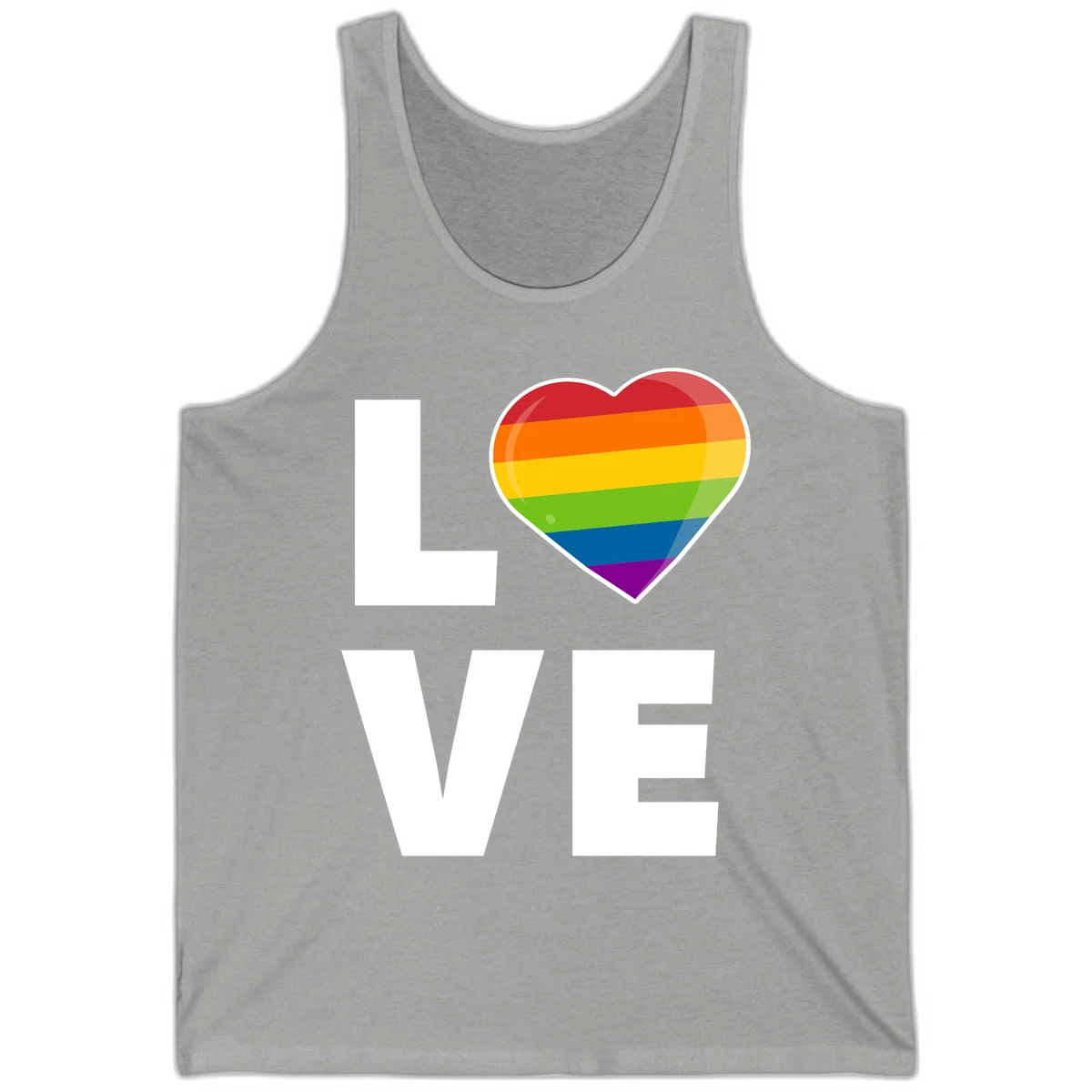 Love is love pride design featuring large white LOVE text with a rainbow-striped heart symbol in Athletic Heather