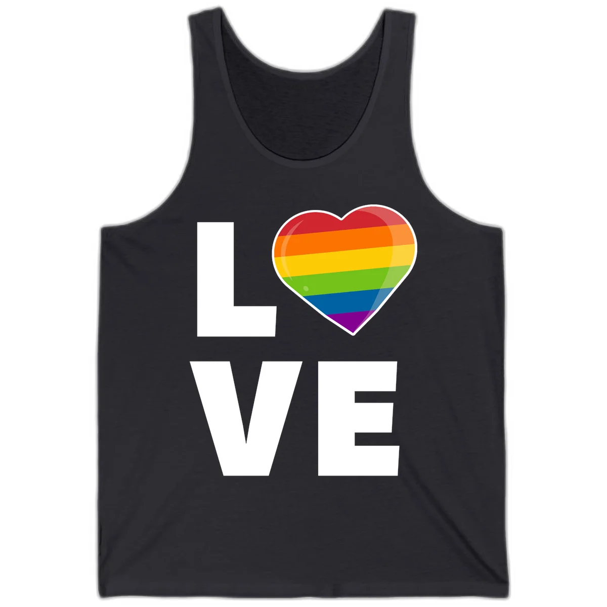 Love is love pride design featuring large white LOVE text with a rainbow-striped heart symbol in Dark Grey