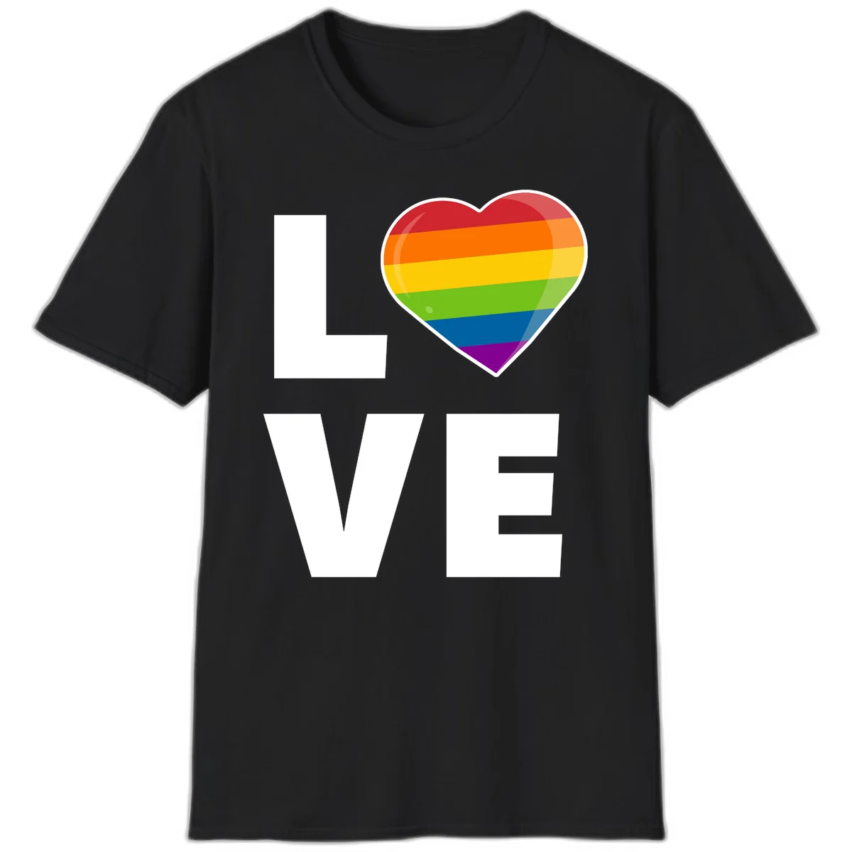 Love is love pride design featuring large white LOVE text with a rainbow-striped heart symbol in Black