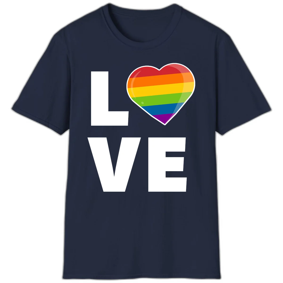Love is love pride design featuring large white LOVE text with a rainbow-striped heart symbol in Navy