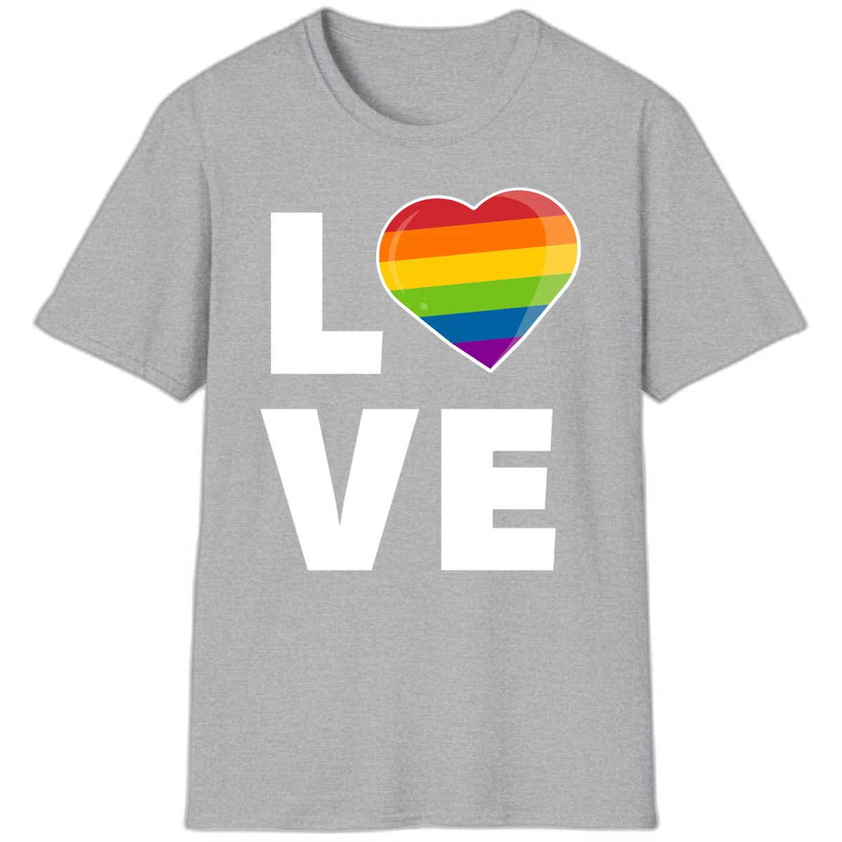 Love is love pride design featuring large white LOVE text with a rainbow-striped heart symbol in Sport Grey