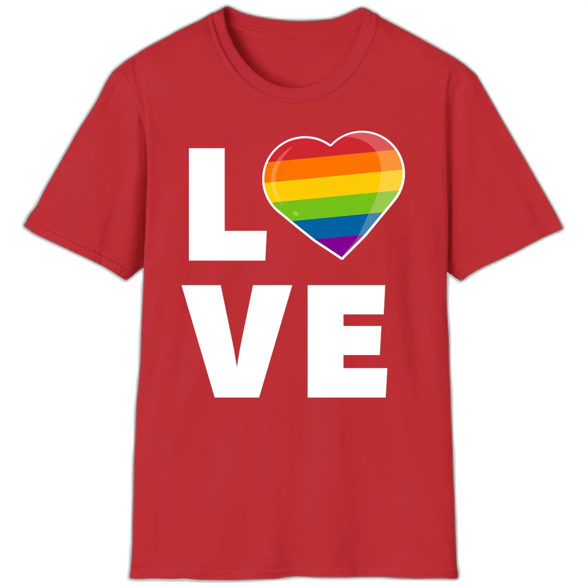 Love is love pride design featuring large white LOVE text with a rainbow-striped heart symbol in Red