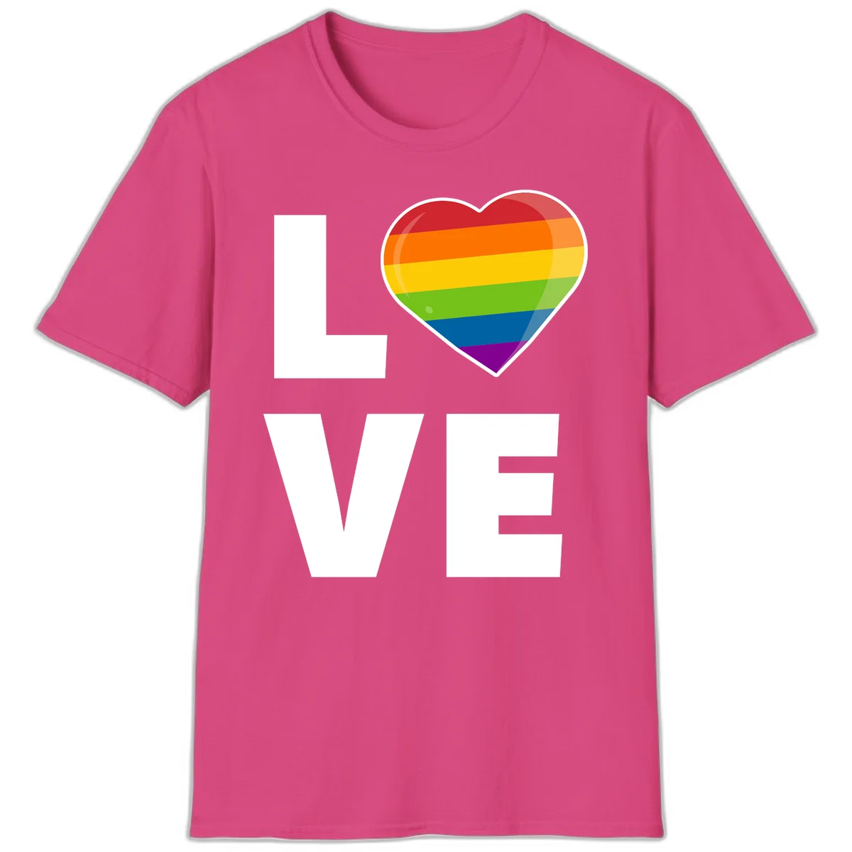 Love is love pride design featuring large white LOVE text with a rainbow-striped heart symbol in Heliconia