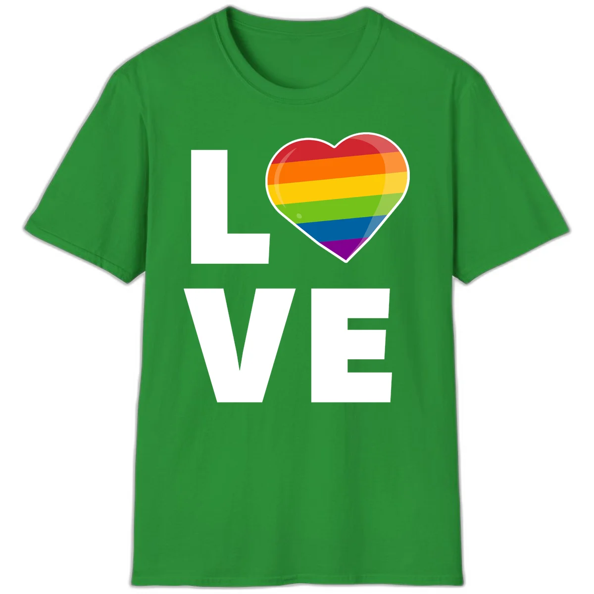 Love is love pride design featuring large white LOVE text with a rainbow-striped heart symbol in Irish Green