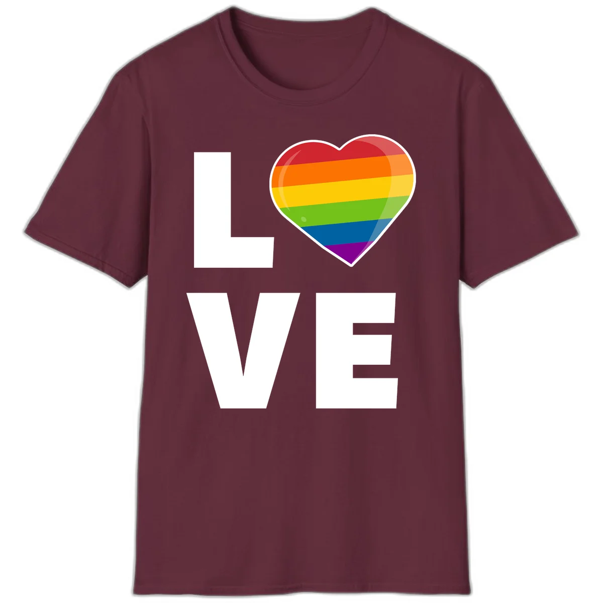 Love is love pride design featuring large white LOVE text with a rainbow-striped heart symbol in Maroon