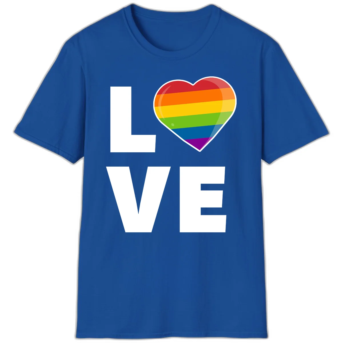 Love is love pride design featuring large white LOVE text with a rainbow-striped heart symbol in Royal