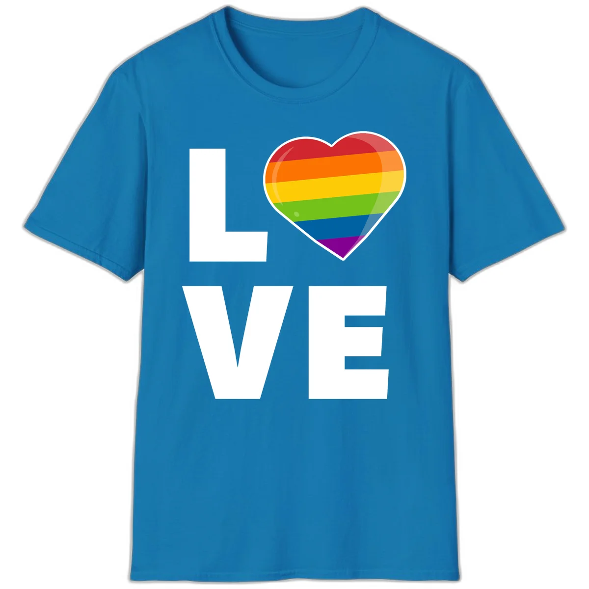 Love is love pride design featuring large white LOVE text with a rainbow-striped heart symbol in Sapphire