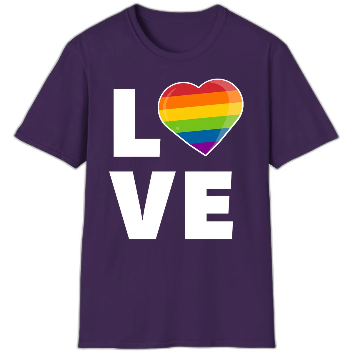 Love is love pride design featuring large white LOVE text with a rainbow-striped heart symbol in Purple