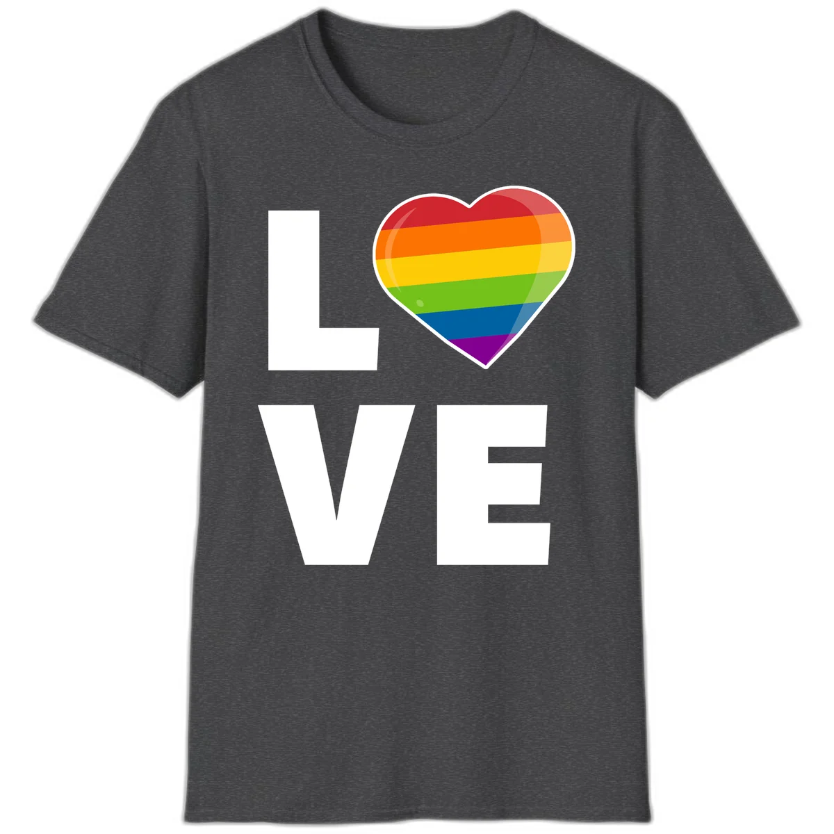 Love is love pride design featuring large white LOVE text with a rainbow-striped heart symbol in Dark Heather