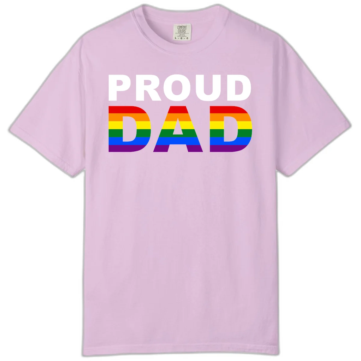 Proud Dad text with rainbow pride flag stripes in red, orange, yellow, green, blue, and purple colors in Orchid