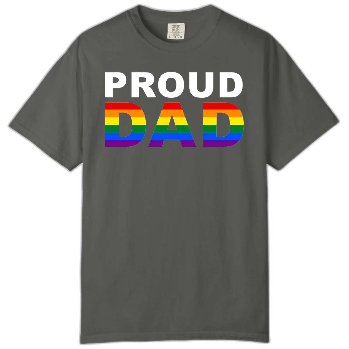 Proud Dad text with rainbow pride flag stripes in red, orange, yellow, green, blue, and purple colors in Pepper