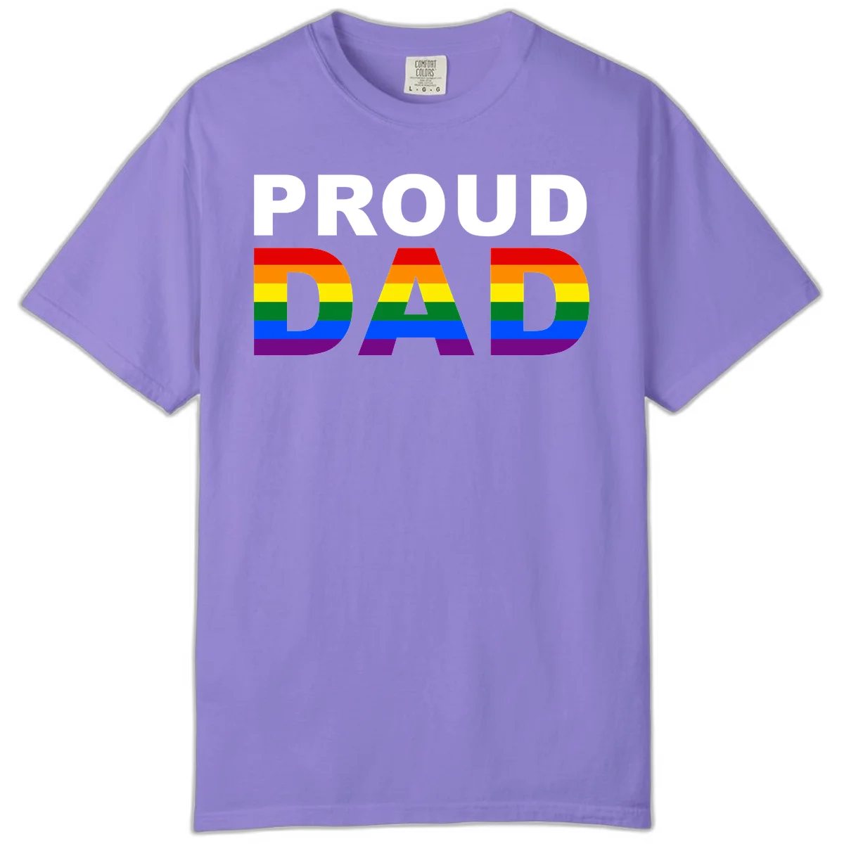 Proud Dad text with rainbow pride flag stripes in red, orange, yellow, green, blue, and purple colors in Violet